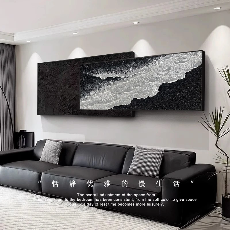 手绘油画《逐浪》组合两联客厅沙发背景装饰画黑白挂画肌理