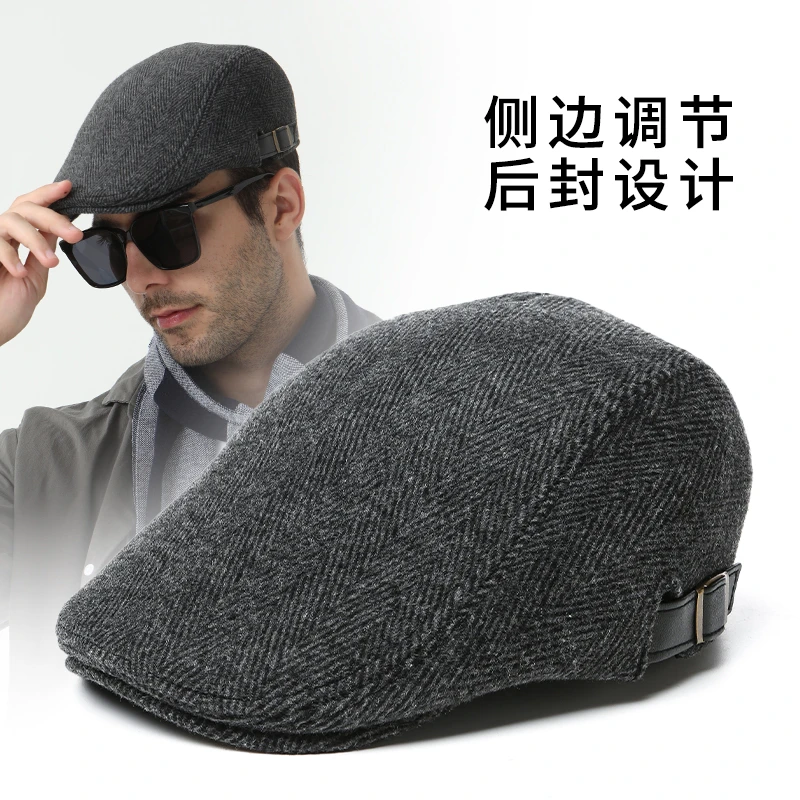路瓦品牌帽子男冬季加厚加绒保暖贝雷帽高档羊毛呢中老年鸭舌帽潮