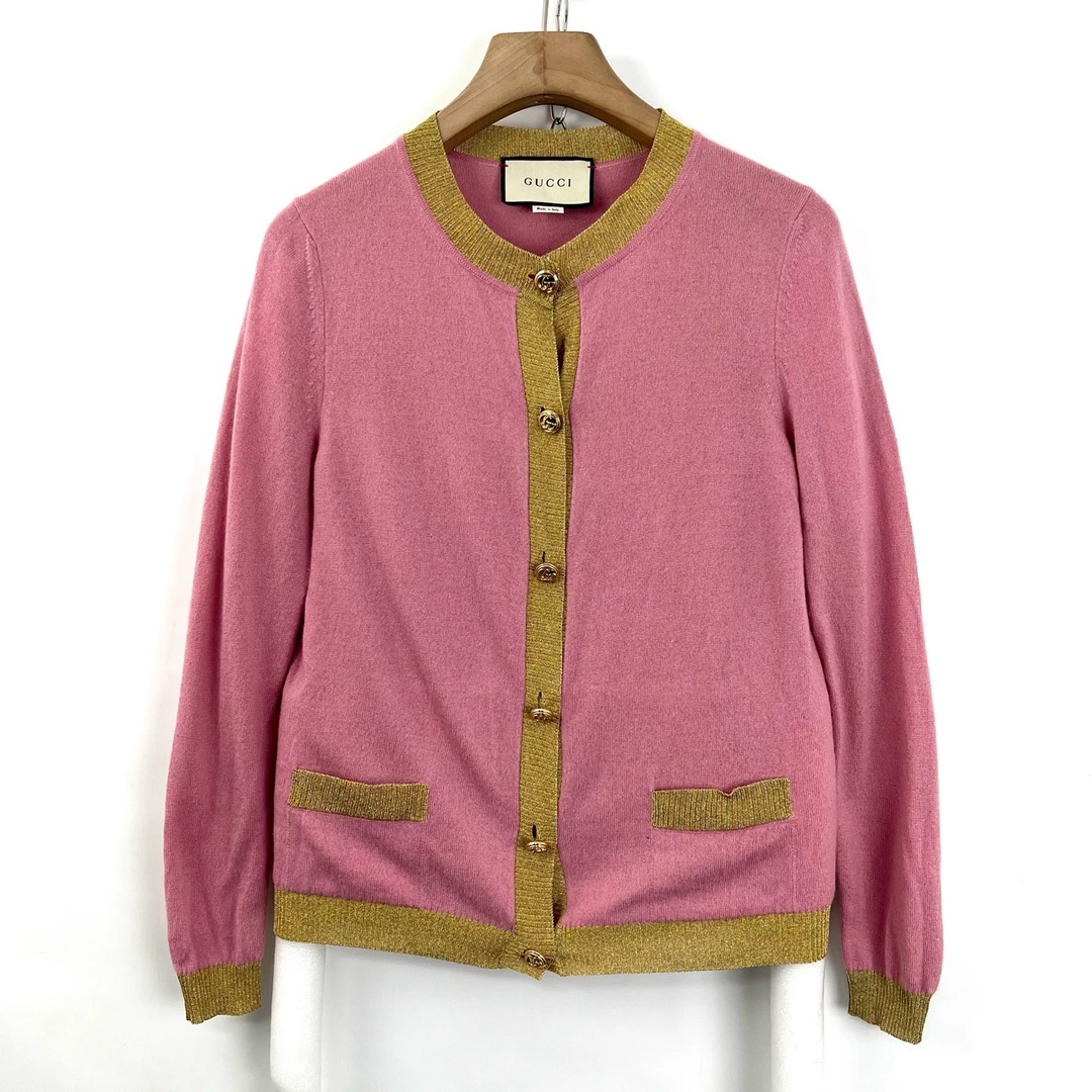 99新 GUCCI/古驰 m码/粉色双G金扣针织开衫/0880