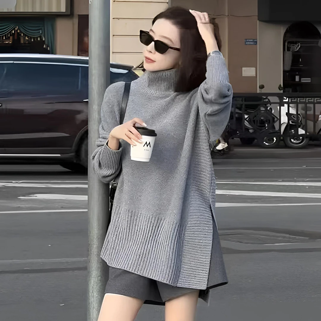 高领毛衣女套头针织衫加厚设计感外穿中长款秋冬内搭宽松上衣X122