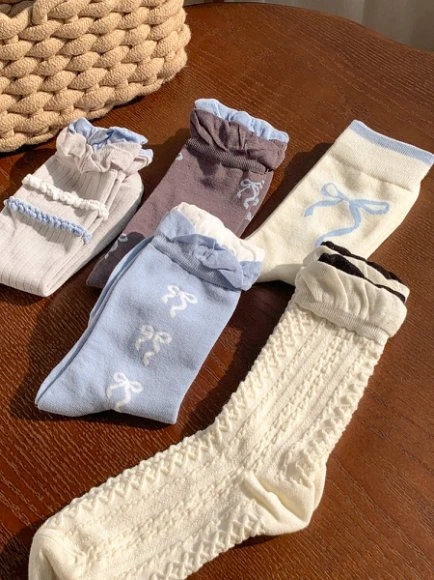 蝴蝶结装饰中筒袜女春夏季甜美学院风双口木耳边舒适百搭