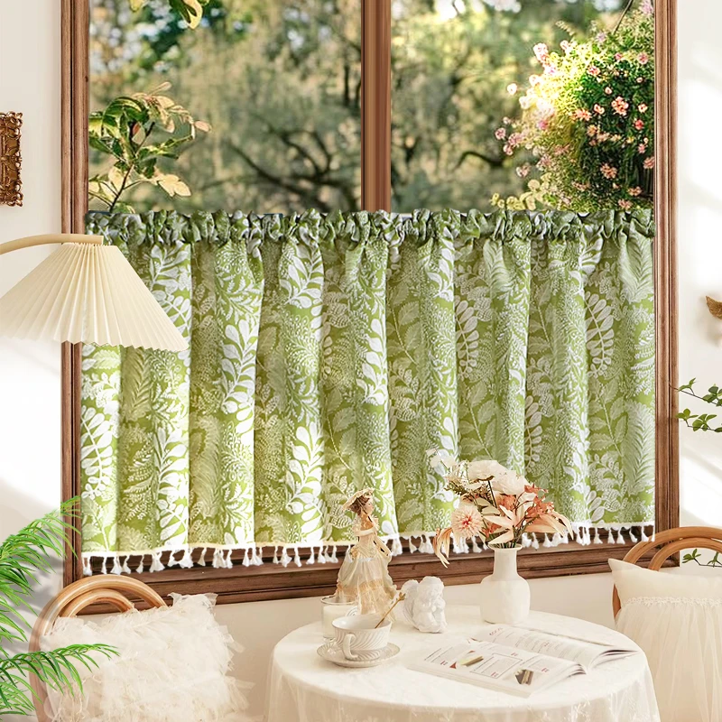 复古绿色叶子小窗帘门帘免打孔卫生间厨房田园风遮挡帘半帘送杆