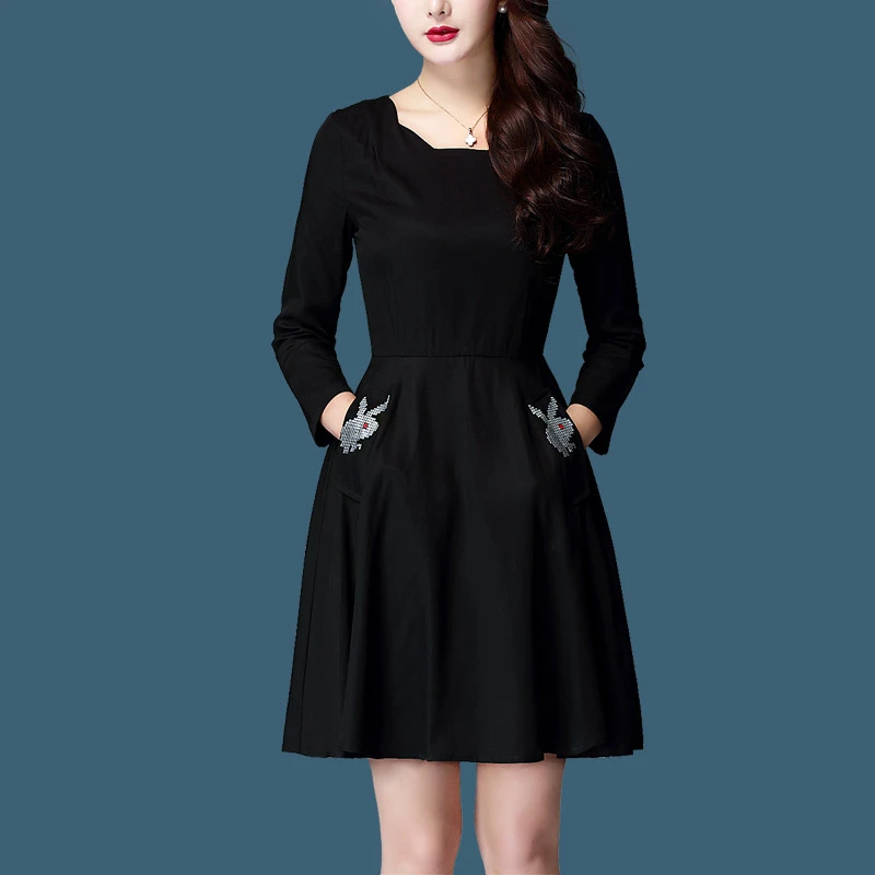 【清货特价】2844春秋装连衣裙女装韩版修身中长款黑色裙子