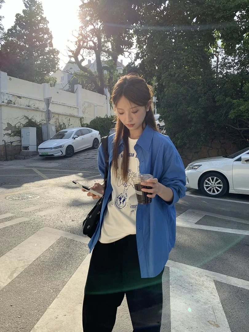 复古女神法式显白蓝色气质Polo领韩系衬衫