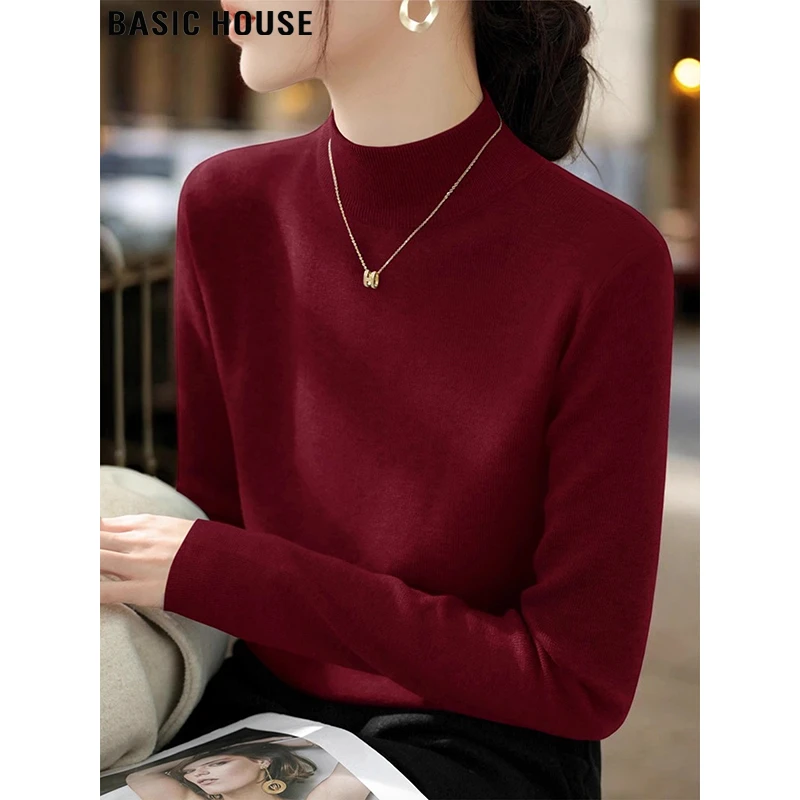 Basic House/百家好新年红加绒半高领针织打底衫女士冬季内搭毛衣