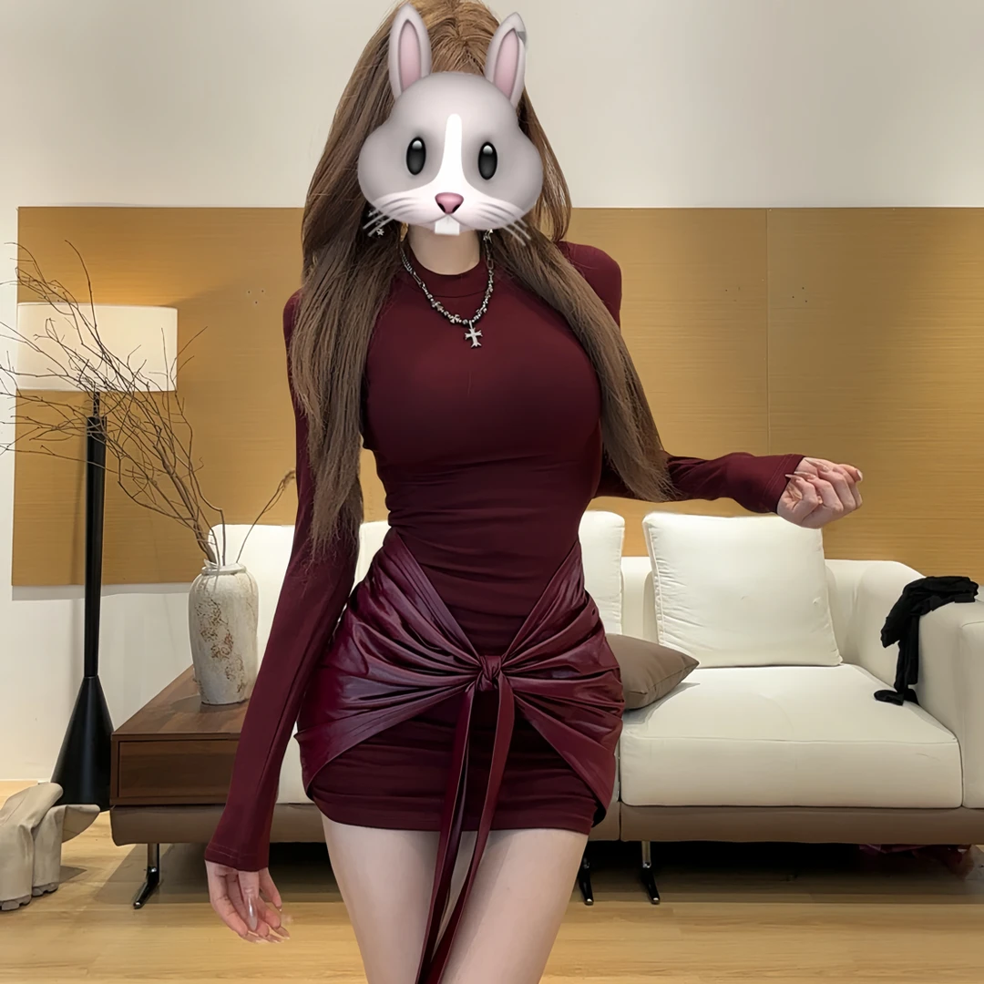 【长袖版】新款连衣裙性感褶皱系带圆领长袖包臀绑带短裙