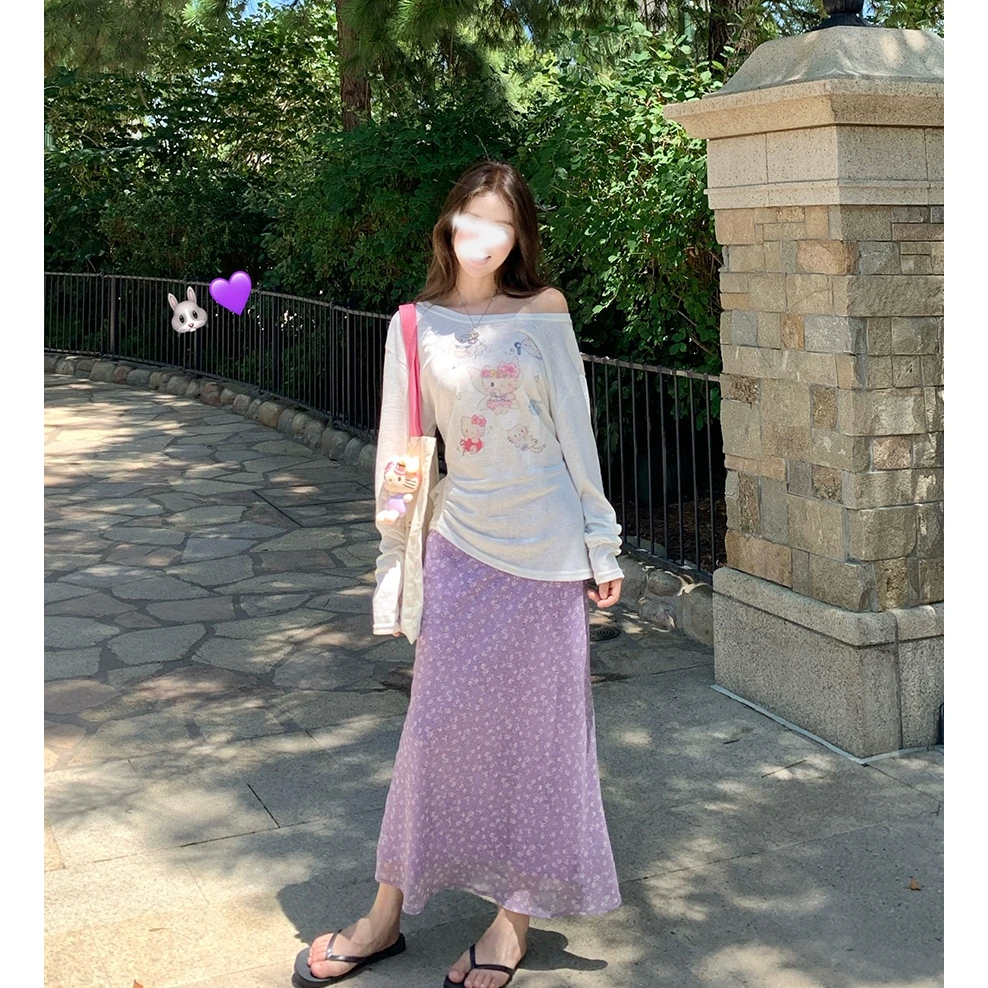 猫咪派对 设计感绑带微透印花t恤韩系碎花斜裁中长款半身裙套装