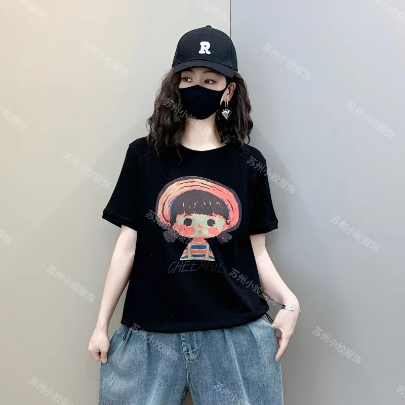 春季新款休闲百搭纯棉设计感时尚百搭五分袖印花短袖T恤-短辫子