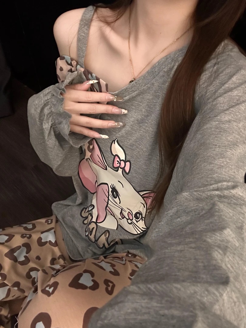 可爱少女玛丽猫露肩长袖睡衣女春秋季2025新款大码家居服休闲套装