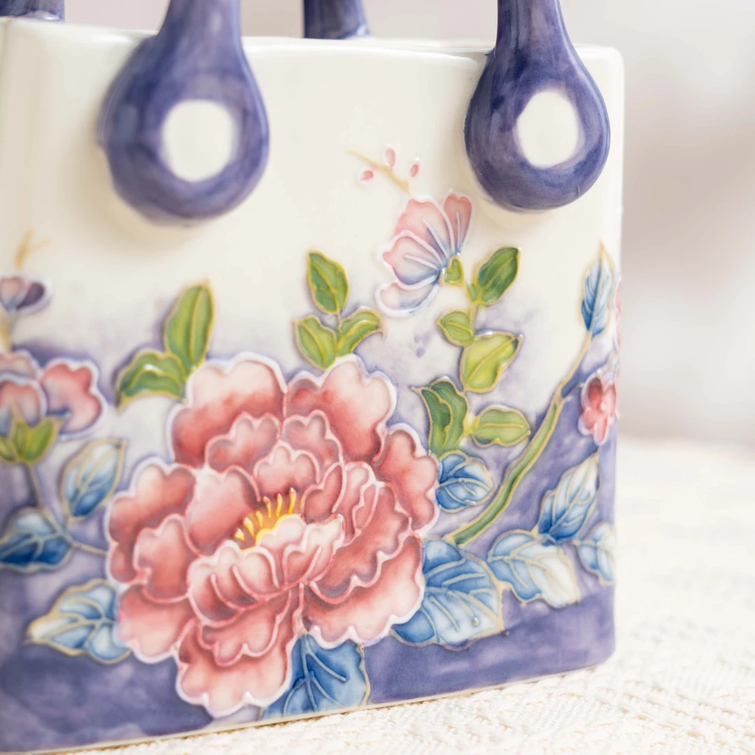 【美森专属】手绘釉下珐琅彩粉杜丹-手提花篮