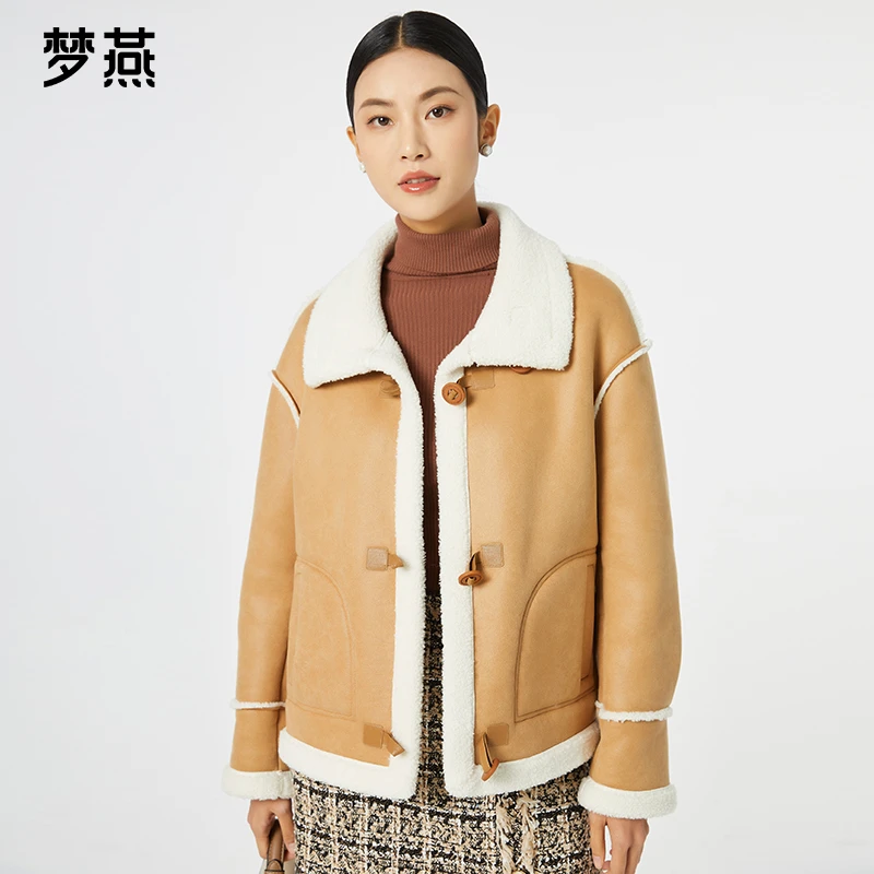 梦燕秋冬季女款拼色单排扣上衣百搭时尚休闲保暖短外套CM13B3002