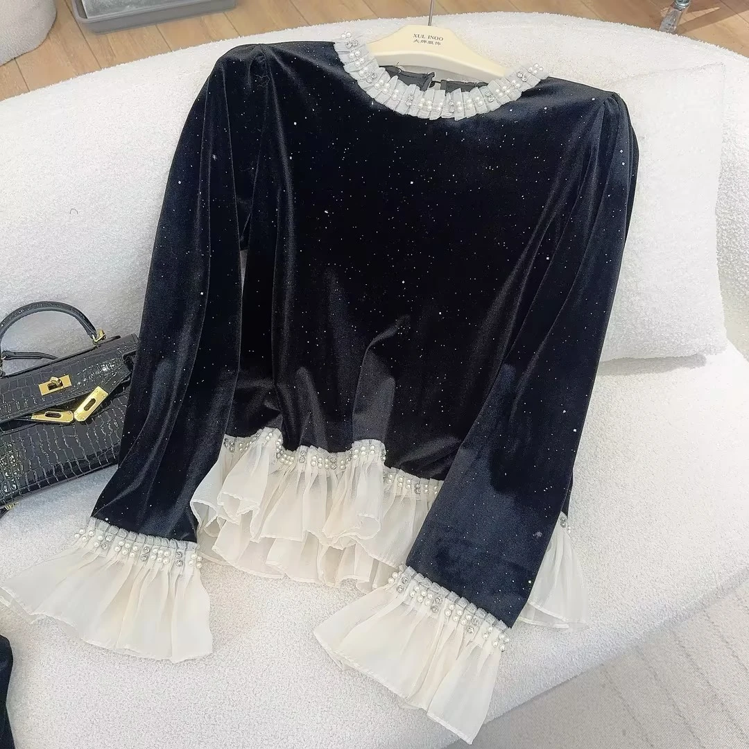 丨秋冬新款法师重工碎钻丝绒圆领长袖小衫上衣   5576