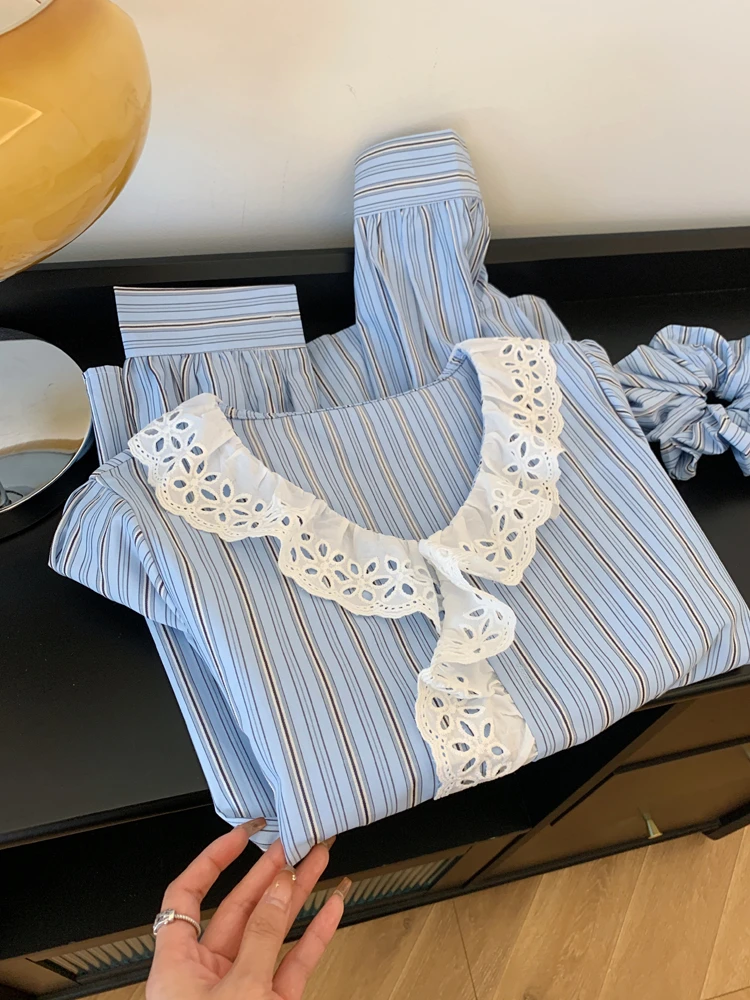 撞色设计感蓝色条纹长袖衬衫内搭女士高级感轻奢减龄洋气上衣宽松