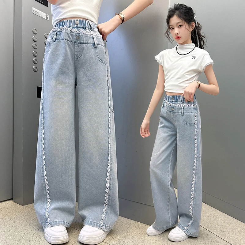 女童秋季新款时尚花边牛仔裤2025女大童宽松休闲长裤女孩洋气韩版