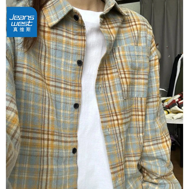 真维斯格子衬衫男女2025新款秋季琥珀流光衬衣宽松休闲慵懒外套