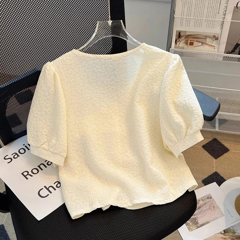 方领泡泡短袖高级感别致2024夏季新款宽松外穿开衫女恤短款上衣