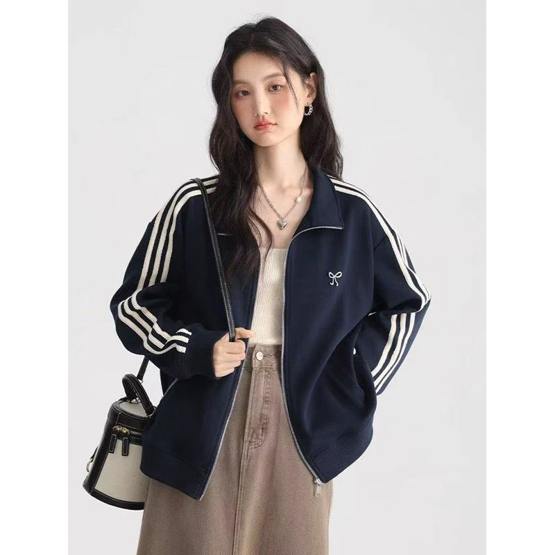 三条杠卫衣女立领外套2025秋季新款长袖开衫宽松百搭拉链上衣薄款