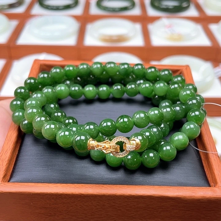 和田玉（碧玉）未镶嵌颈饰辣菠菜绿（8米108粒）