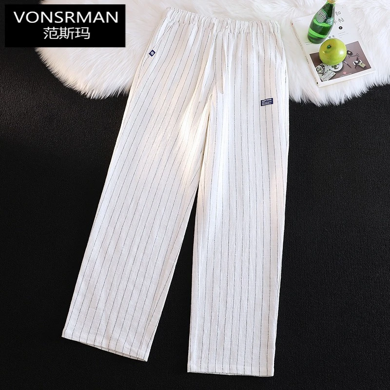 白色条纹裤子男士夏季复古高端亚麻裤薄款棉麻裤子直筒休闲长裤