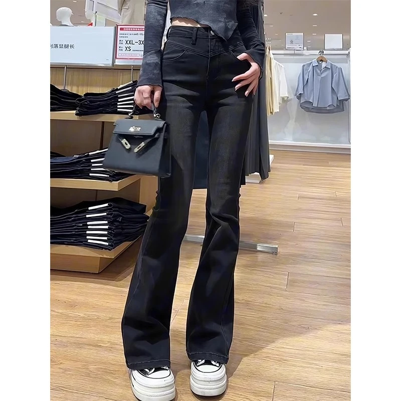 大码复古弹力微喇叭牛仔裤女春秋胖mm梨形身材高腰显瘦直筒马蹄裤