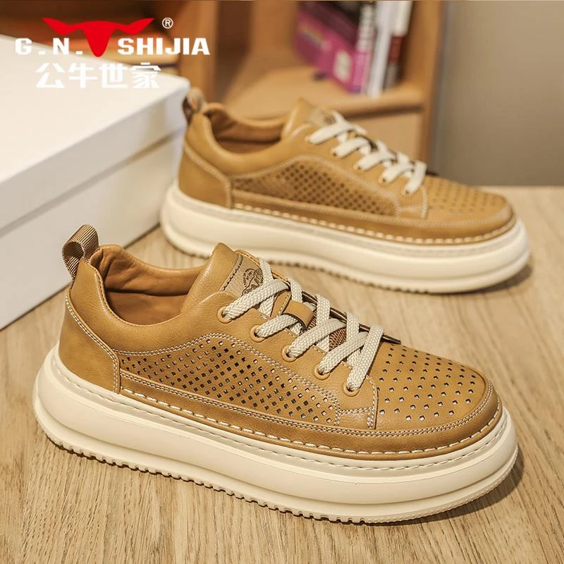 公牛世家品牌男鞋夏天透气防臭镂空网孔休闲皮鞋男士厚底增高板鞋