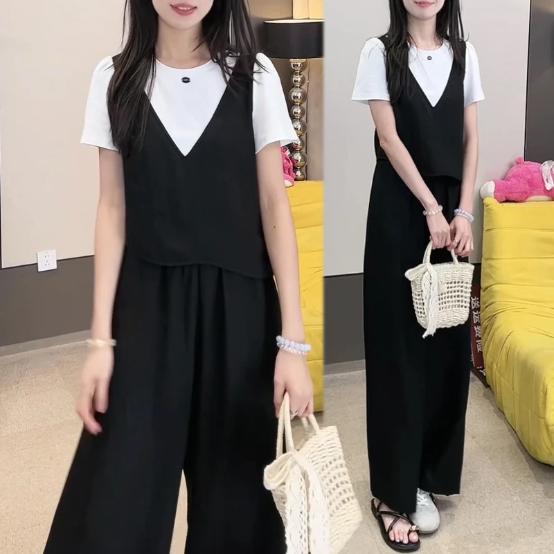 韩版时尚休闲套装女2025夏季假两件撞色短袖t恤直筒阔腿裤两件套