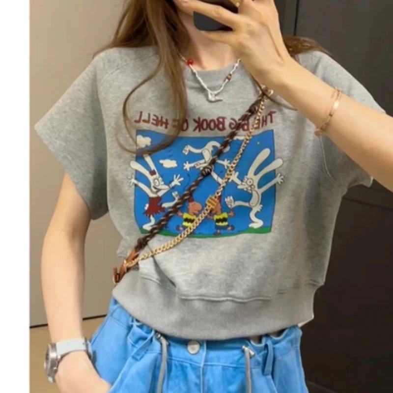 【摩登风情】2025夏季新款个性无感印花圆领套头蝙蝠袖时尚上衣女潮