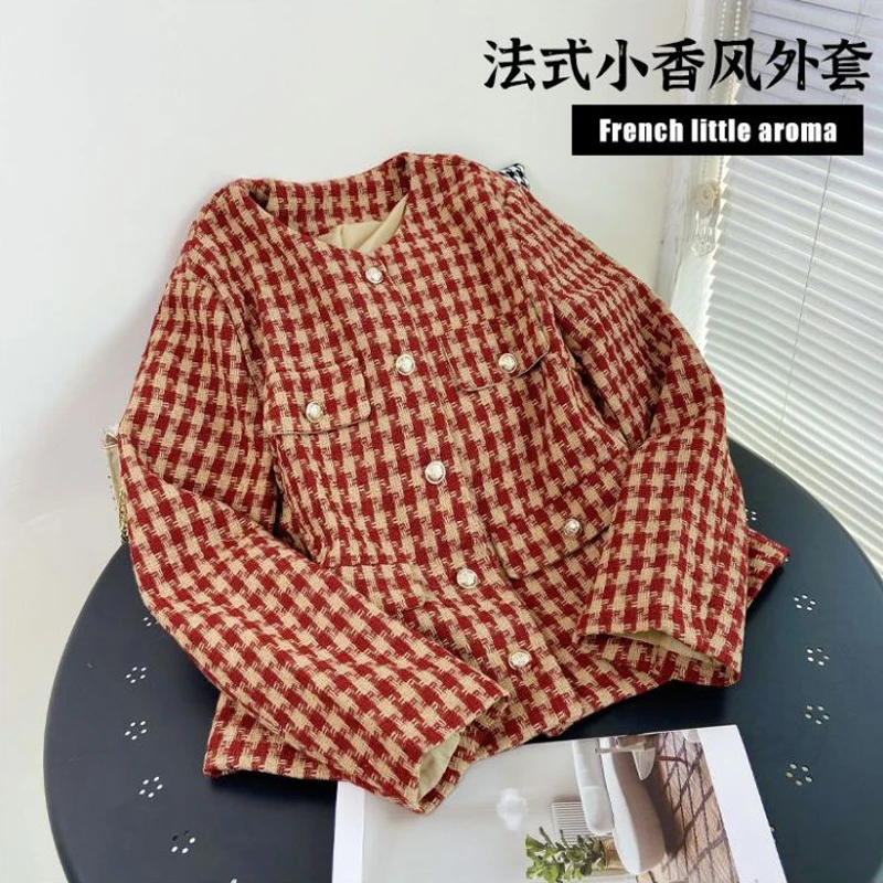 2025春秋新款小香风外套韩版显瘦时尚百搭千鸟格子新年洋气短外套