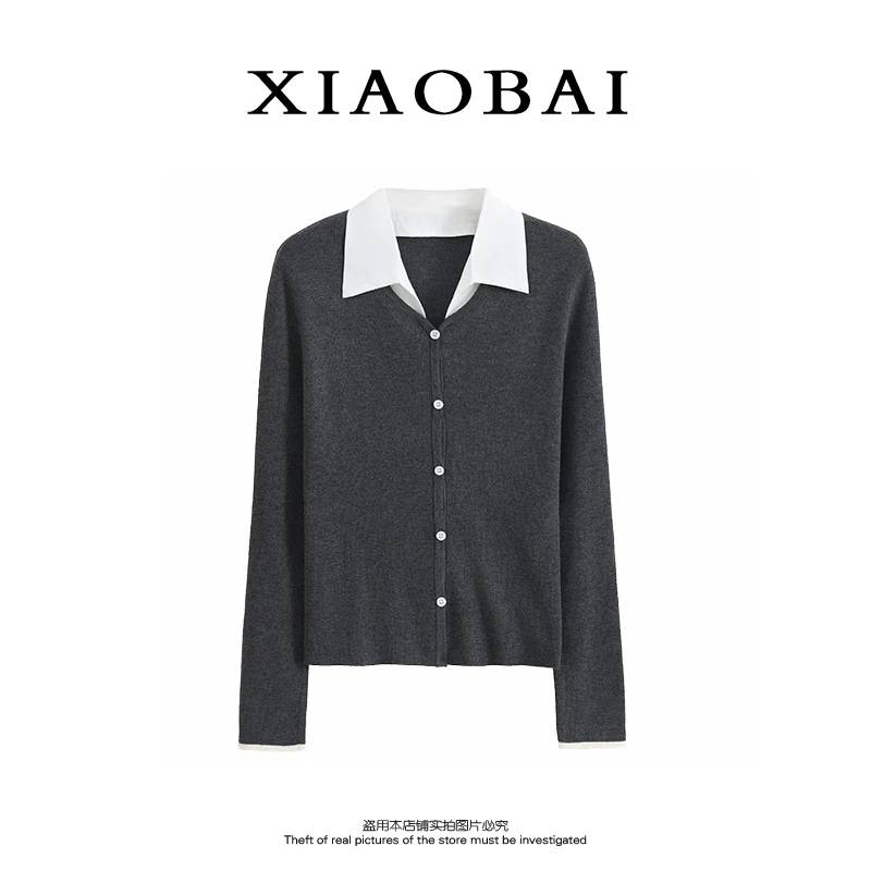 XIAOBAI 翻领长袖T恤秋季时尚学院风修身显瘦短款打底气质上衣女