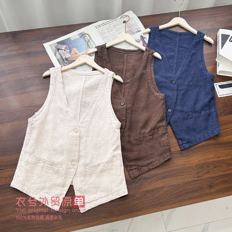 （老钱风时尚汉麻马甲）970早秋新款气质纯色V领背心外套D