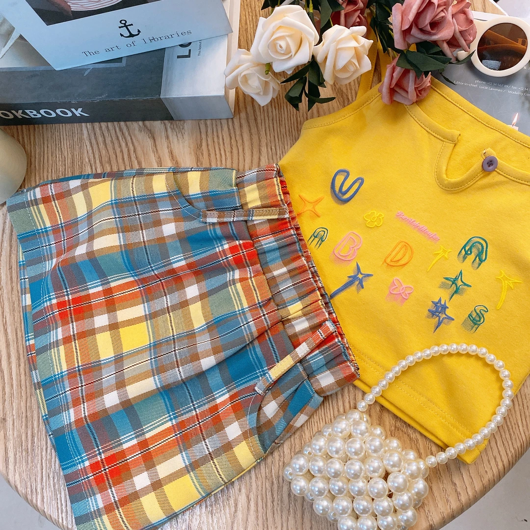 M夏季女童休闲套装 可爱字母上衣格子短裤韩版裙裤百搭两件套8165