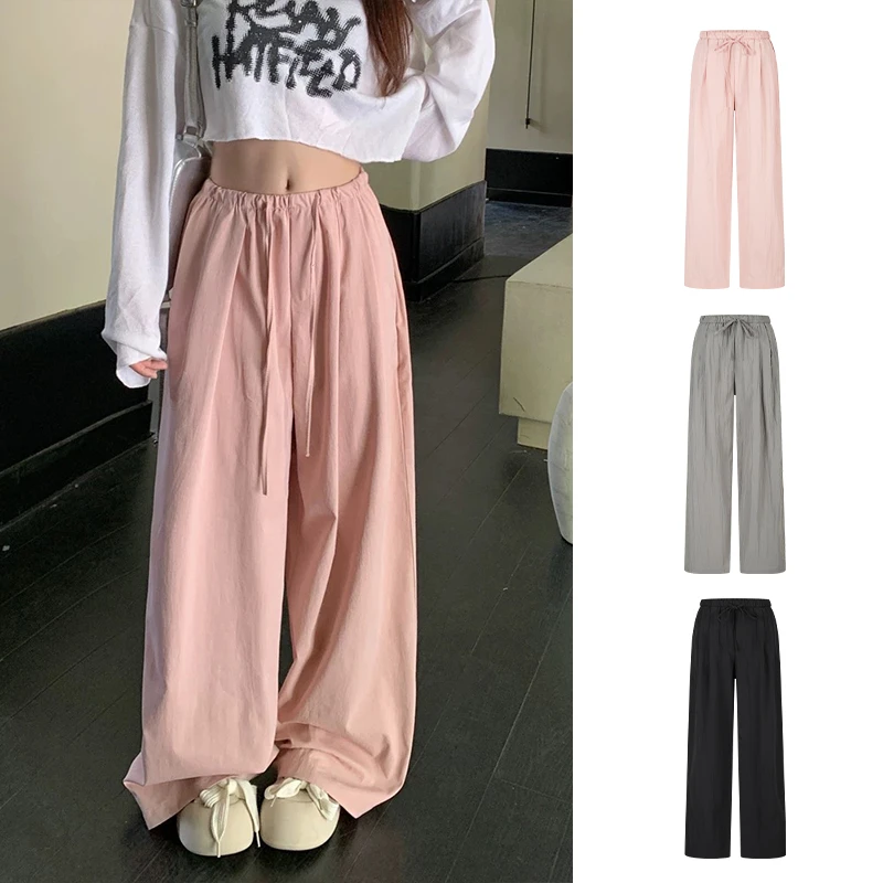 Moses Queen/魔西女王高腰纯色百搭抽绳垂感休闲宽松显瘦阔腿长裤