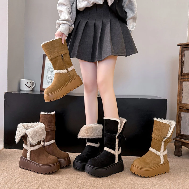 厚底增高雪地靴女2025秋季新款百搭加绒保暖靴子两穿气质短筒靴子