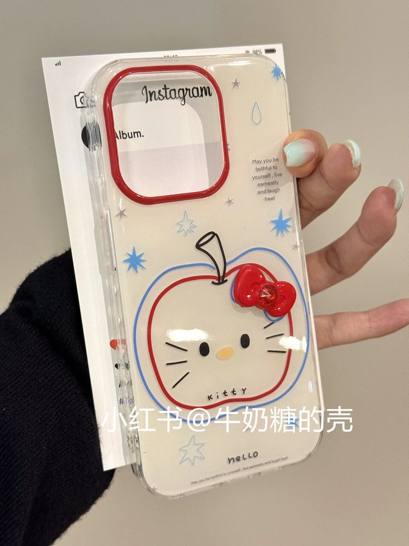 韩系线条苹果KT猫适用苹果16Pro大孔15手机壳14卡通13套12少女11