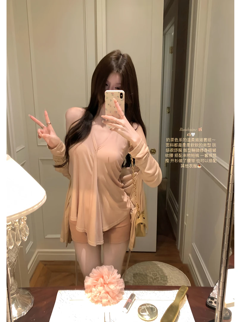 干枯玫瑰oni针织开衫荡领上衣女休闲短裤三件套 22056#