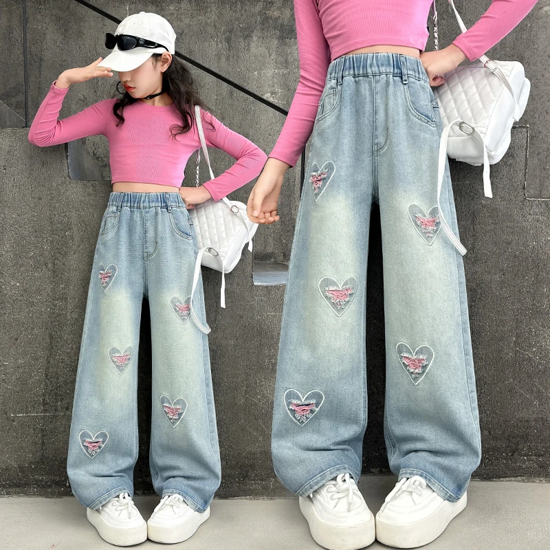 女童裤子春秋装儿童爆款长裤大童夏季阔腿裤女孩初中生直筒牛仔裤