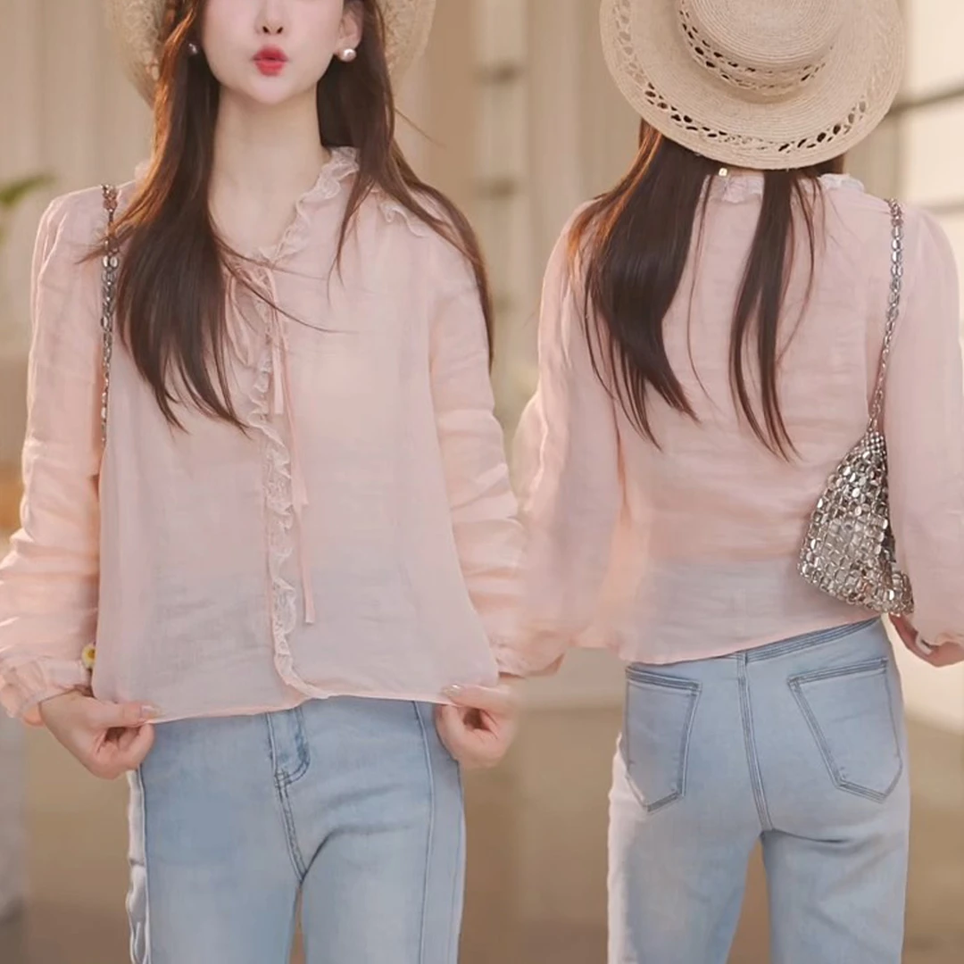 时尚小个子气质百搭显瘦小衫上衣秋季新款拼接蕾丝木耳边长袖衬衫