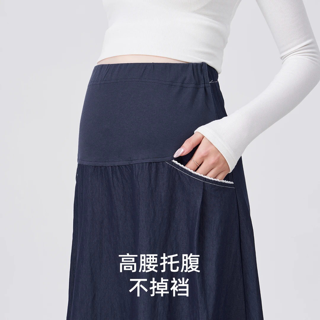 孕妇半身裙春秋季小个子仿牛仔蕾丝花边半裙高腰托腹a字伞裙春装