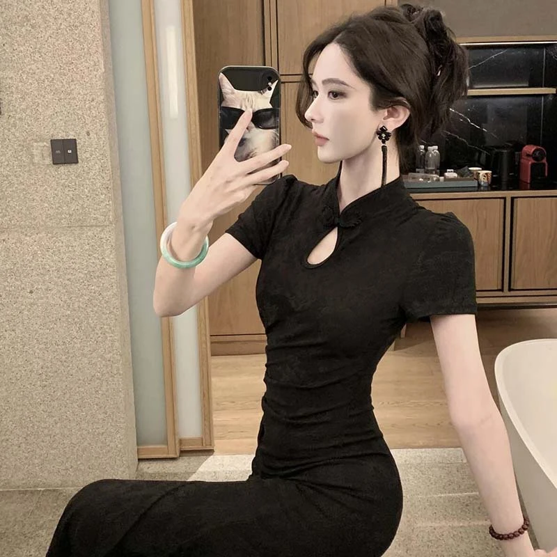 新中式国风改良旗袍短袖连衣裙女夏季高级感鱼尾包臀长裙D3354