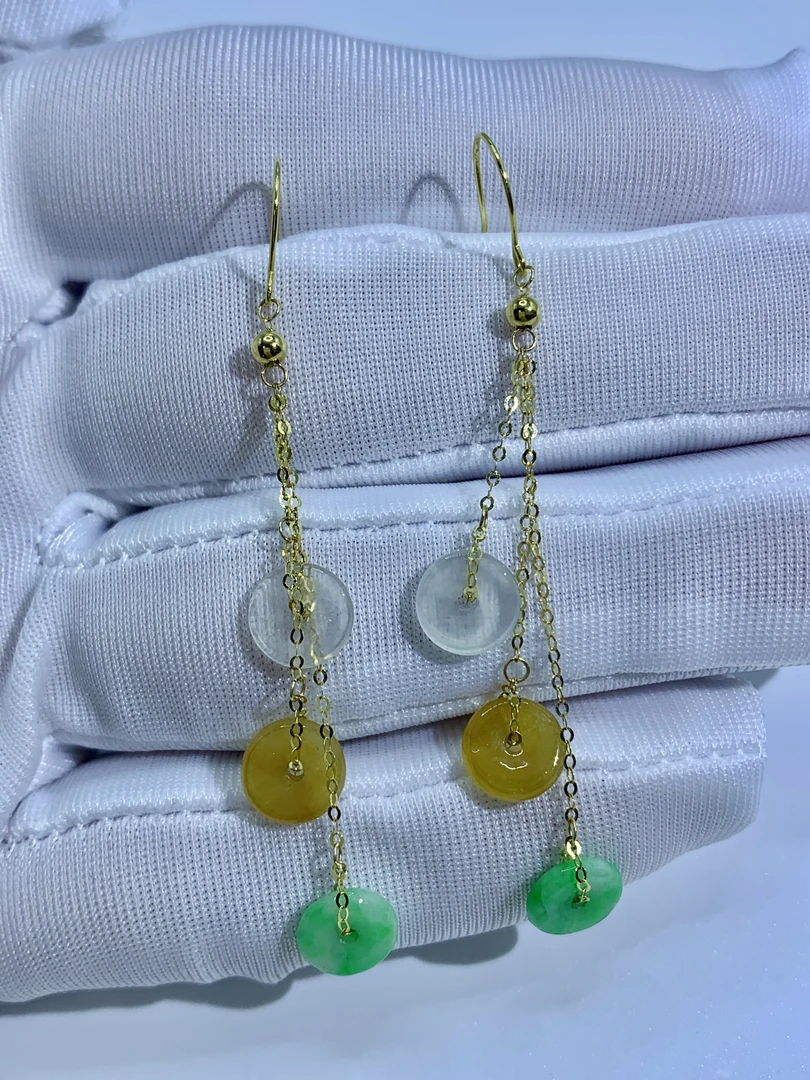 新款天然缅甸A货翡翠三色多宝轻奢18k金百搭DIY时尚耳饰