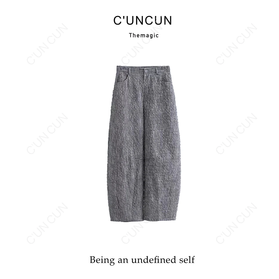 【村村CUNCUN】2025夏新品轻薄宽松皱感棉麻阔腿黑白格子长裤