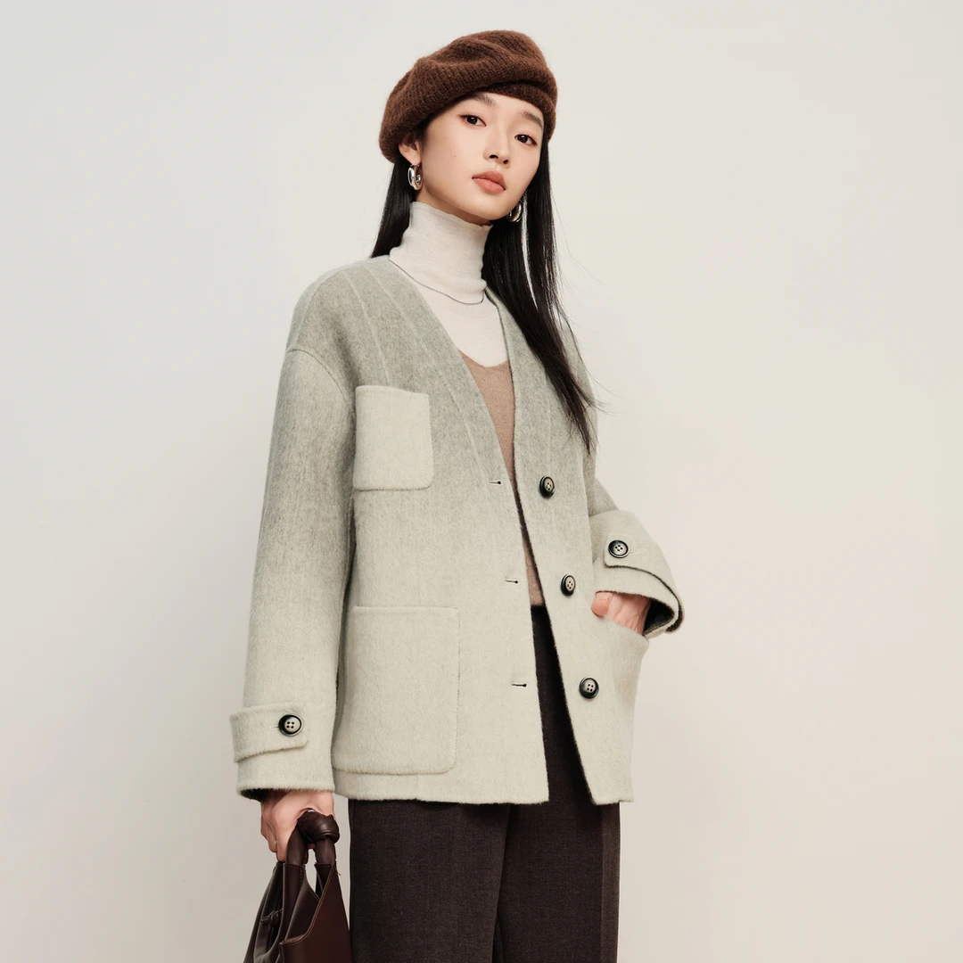 Elva' Island灰色短款V领双面呢外套女冬季时尚加厚羊毛大衣
