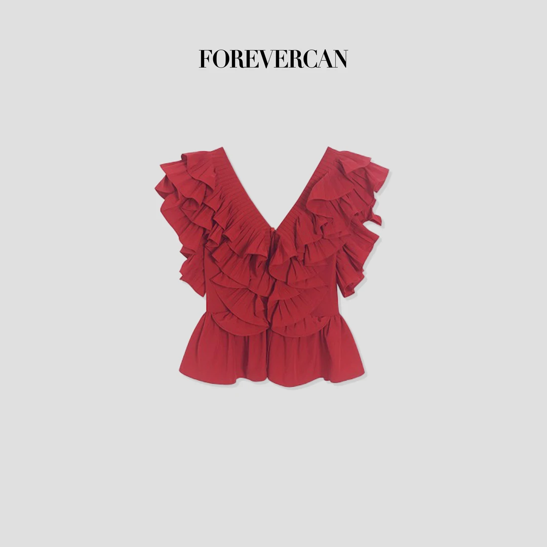 FOREVERCAN“花魁”法式宫廷风高级感收腰无袖红色衬衫 CANST13658