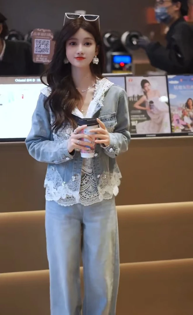 AMI.FS  2025春季穿搭新款韩版牛仔上衣外套带帽内搭牛仔裤三件套