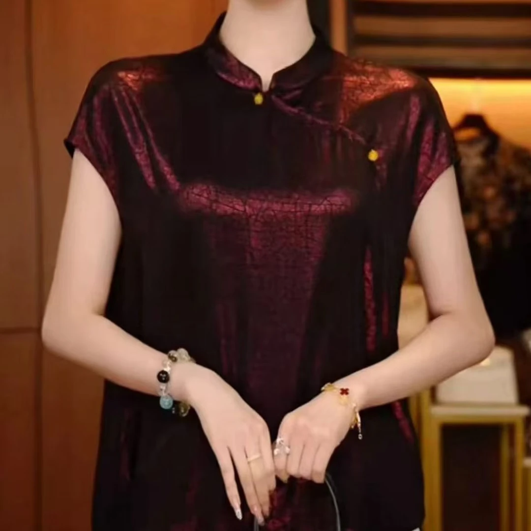 新中式气质百搭冰麻弹力凉爽女士短袖