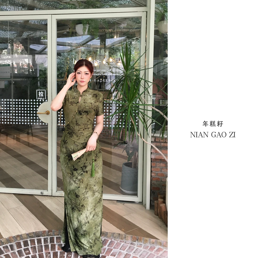 ZOZ年糕籽[绿意佳人]显瘦修身改良旗袍收腰印花连衣裙国风裙子