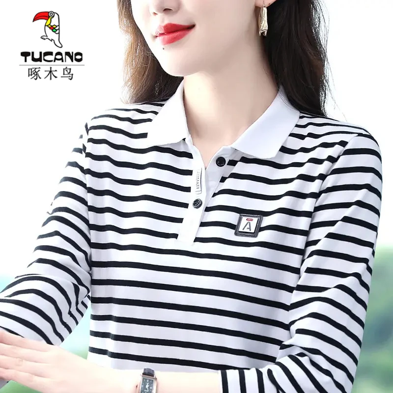TUCANO/啄木鳥棉质春秋季POLO衫长袖T恤女妈妈装翻领气质显瘦上衣