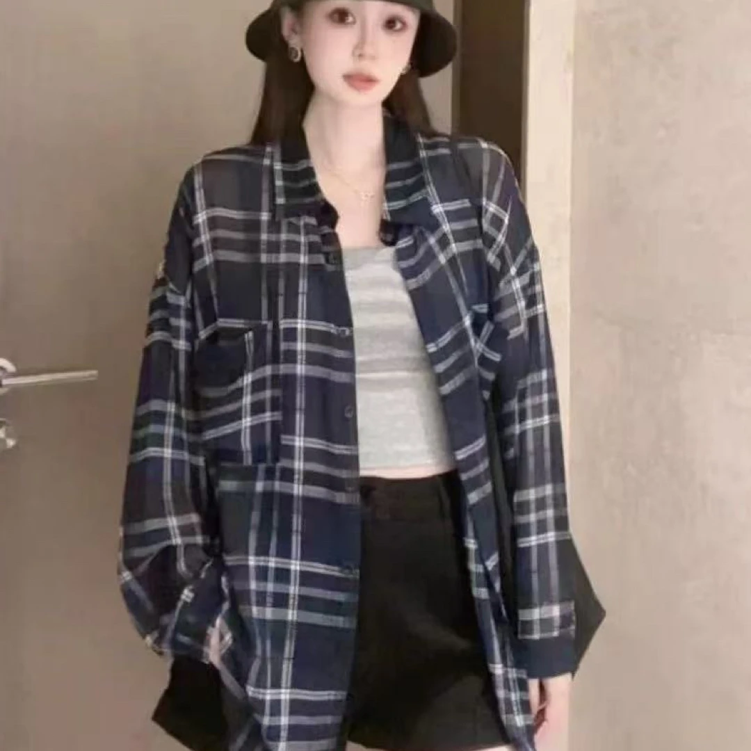 25132-29女士宽松格子防晒长袖衬衫轻薄透气休闲开衫外套显瘦格纹