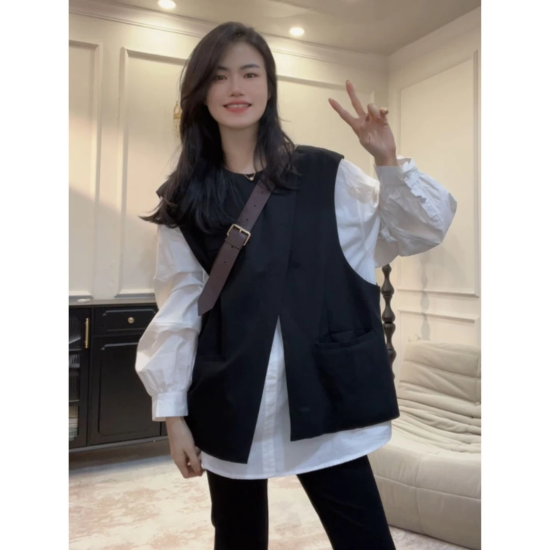 大码女装胖mm假两件衬衫女早秋2025新款高端宽松西装马甲拼接上衣