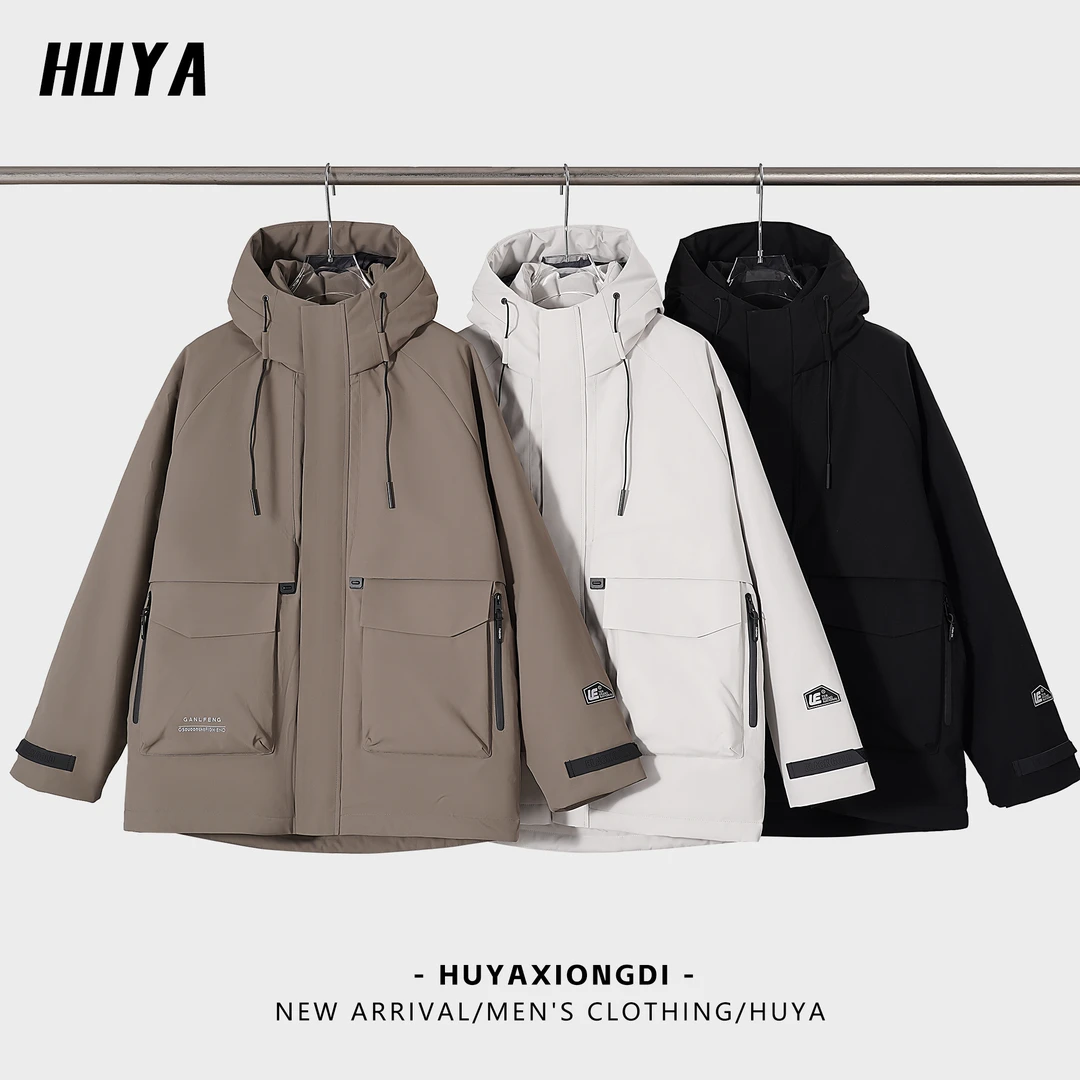 虎牙兄弟户外防风工装羽绒服男士冬季90绒连帽双口袋外套男8897-1
